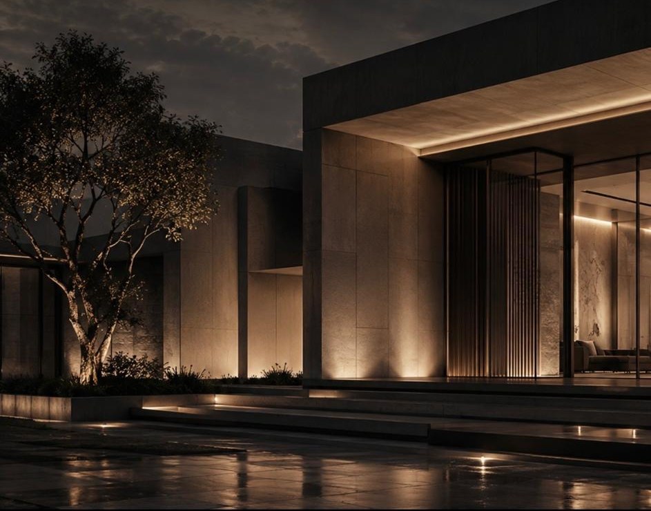 Modern stone residence at dusk with warm light along its walls and a tree beside the entrance