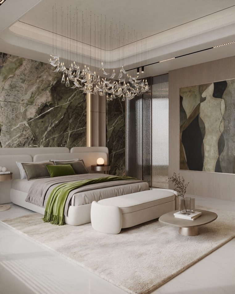 Bedroom with a sculpted headboard and bedside globe lamp