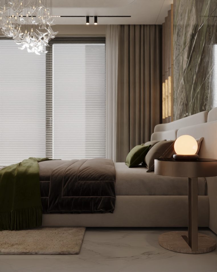 Bedroom with a view across the bed to the window