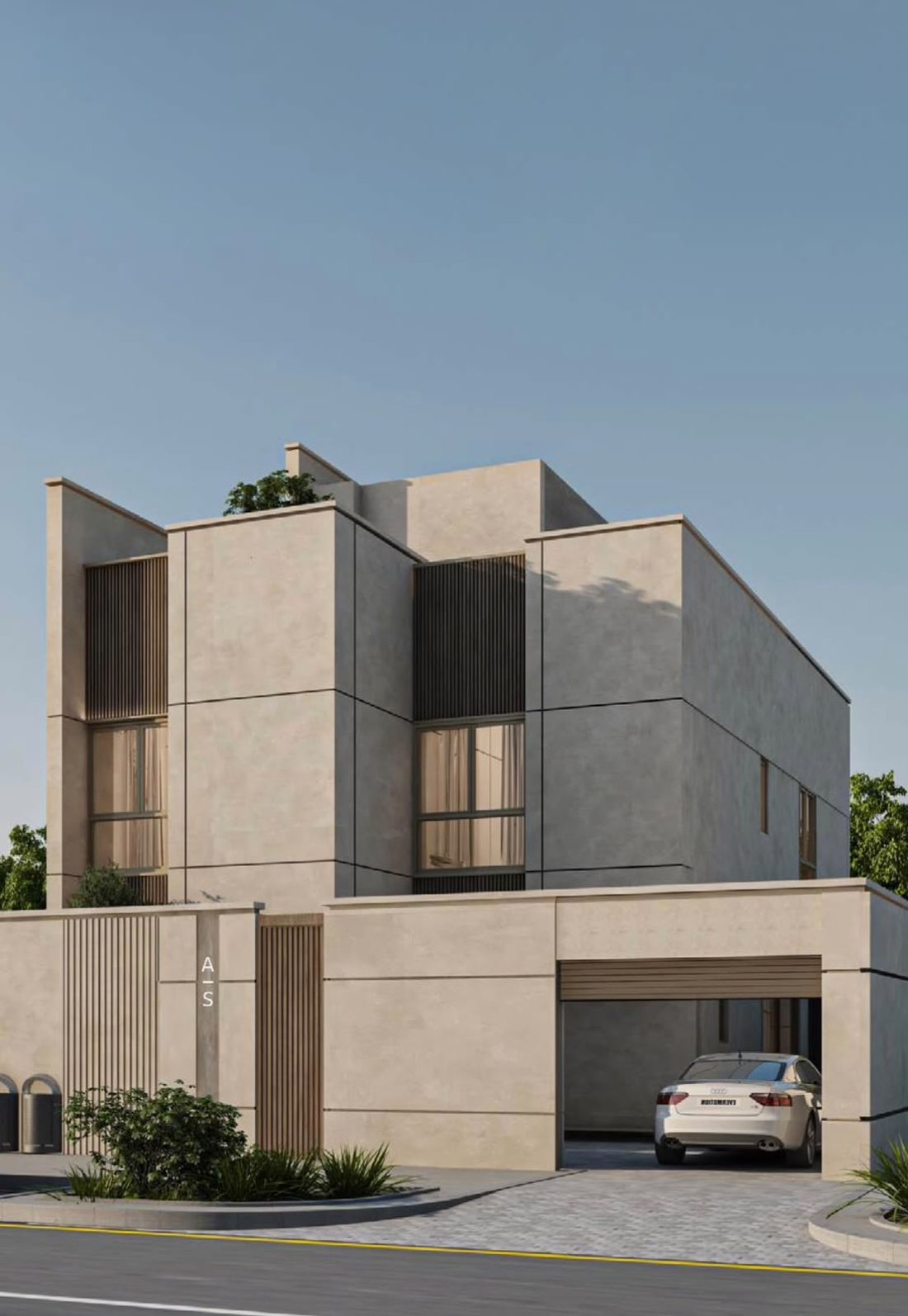 Corner view of a compound villa with a stone facade, timber screens and a gated driveway