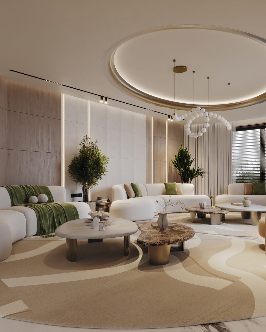 Living room with a sectional sofa, pendant rings and a potted plant