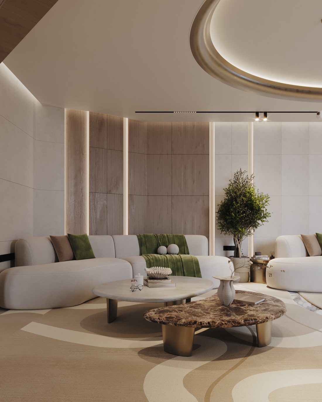 Living room with a cream sofa, olive tree and a stone coffee table